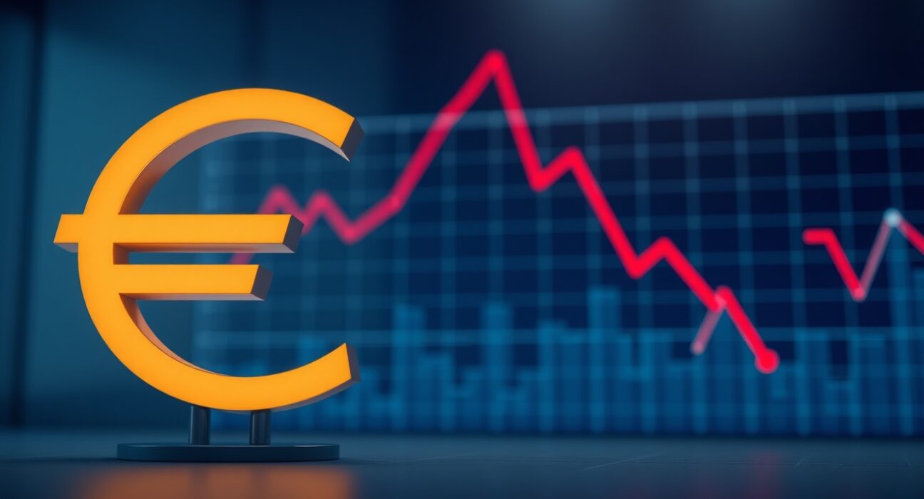 Euro currency symbol with descending chart illustrating bearish EUR/USD trend