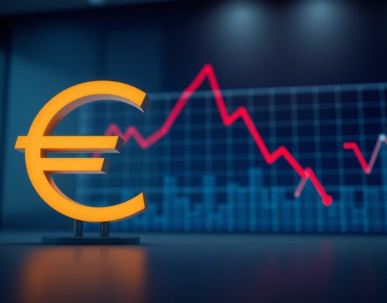 Euro currency symbol with descending chart illustrating bearish EUR/USD trend