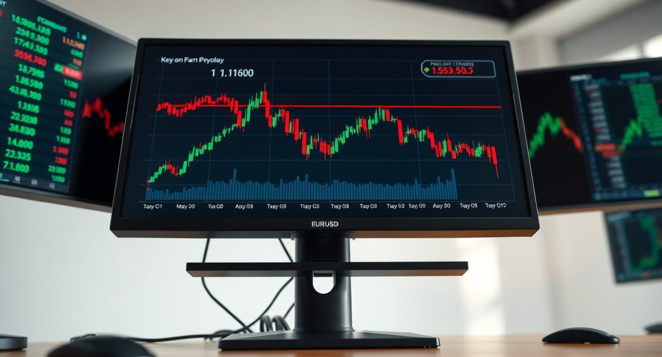 EUR/USD chart declining toward 1.1600 on a trading desk monitor amid strong US economic data.
