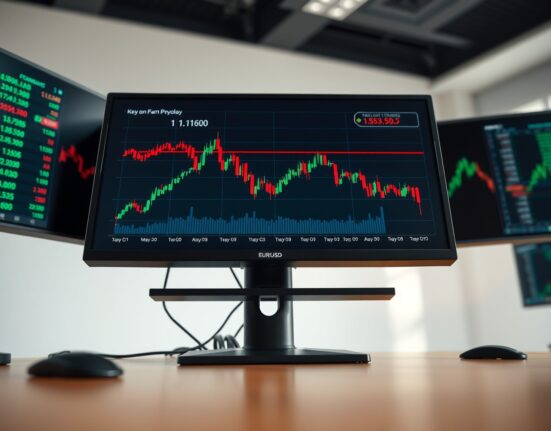 EUR/USD chart declining toward 1.1600 on a trading desk monitor amid strong US economic data.