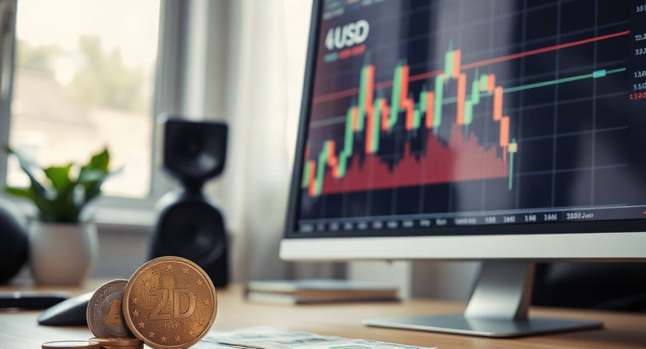 EUR/USD trading chart on a monitor with euro and US dollar banknotes on a desk