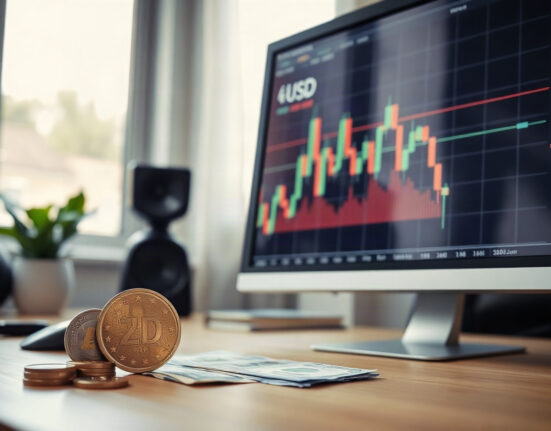 EUR/USD trading chart on a monitor with euro and US dollar banknotes on a desk