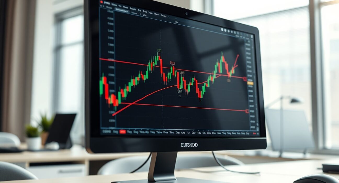 EUR/USD forex chart on trading screen in modern office