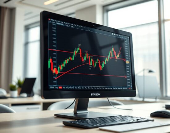 EUR/USD forex chart on trading screen in modern office