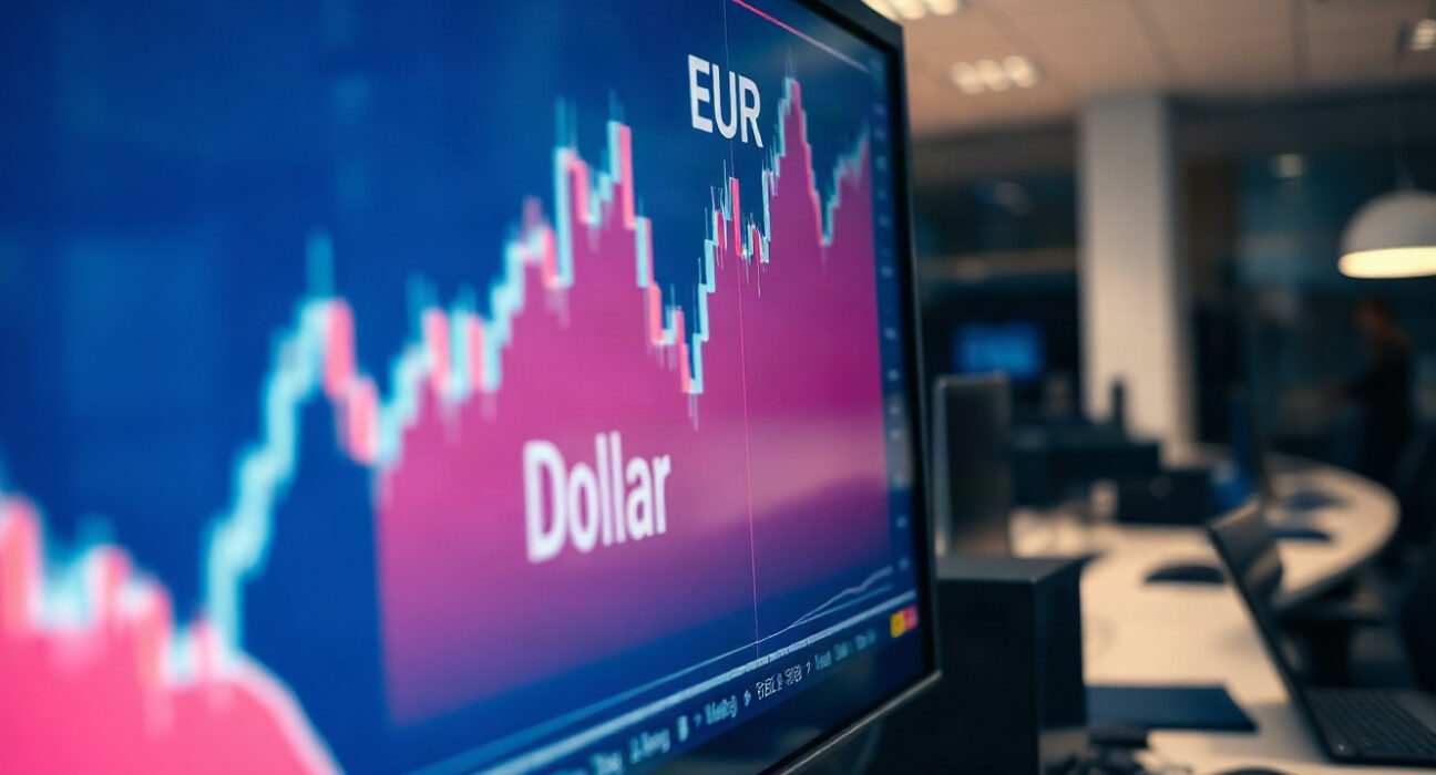 EUR/USD currency chart on a trading screen with dollar strengthening trend