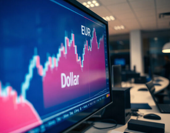 EUR/USD currency chart on a trading screen with dollar strengthening trend