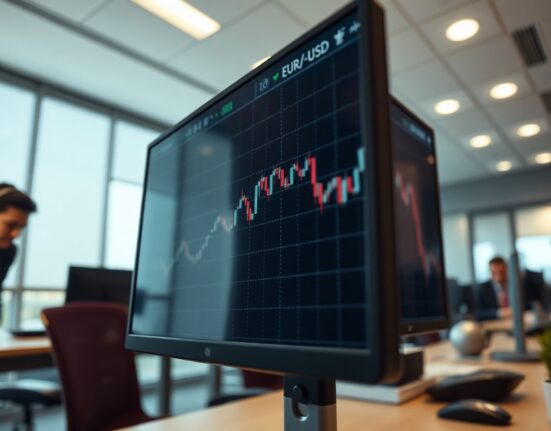 EUR/USD currency chart on a trading screen showing potential decline due to geopolitical tensions
