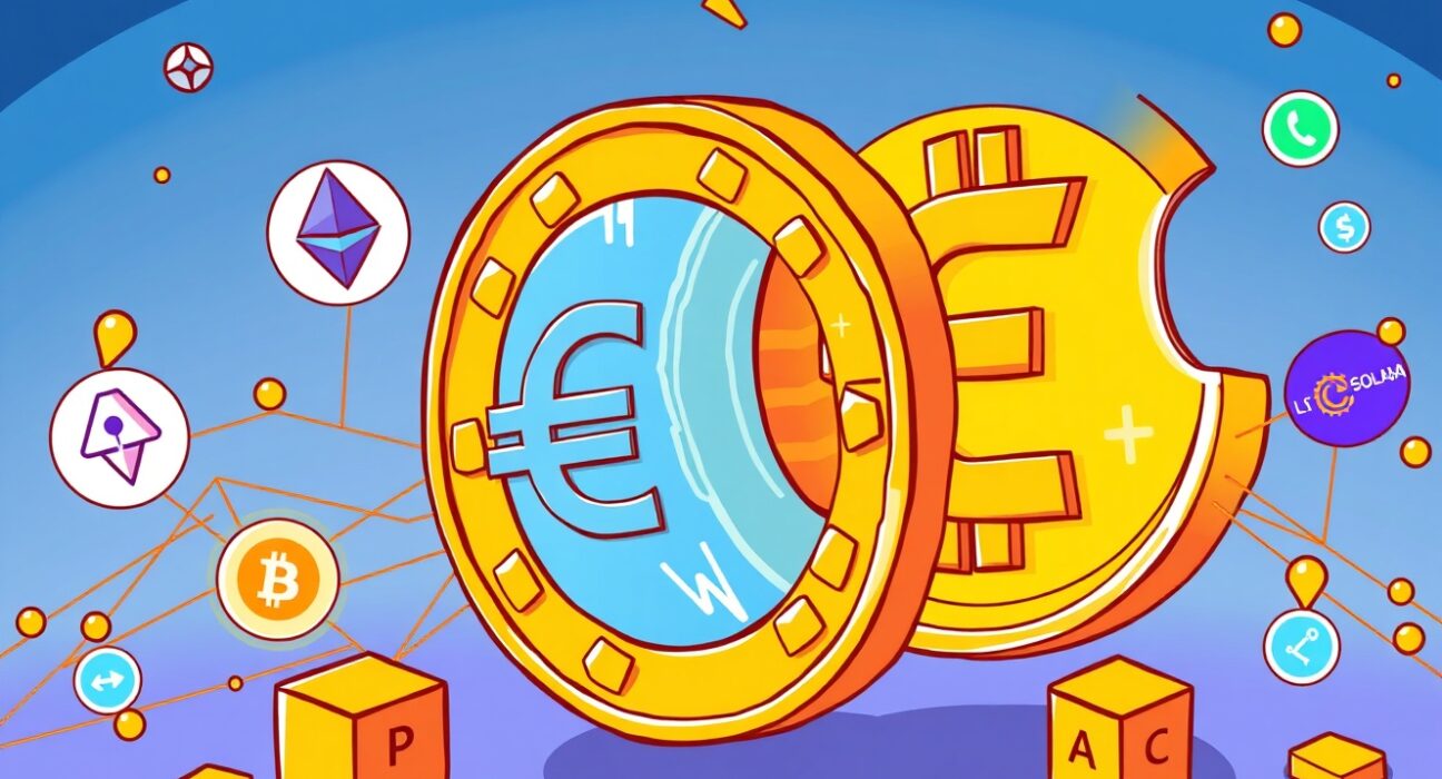 Cartoon illustration showing the EURAU stablecoin securely bridging various blockchains using Chainlink CCIP for seamless transfers.