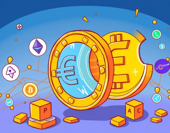 Cartoon illustration showing the EURAU stablecoin securely bridging various blockchains using Chainlink CCIP for seamless transfers.