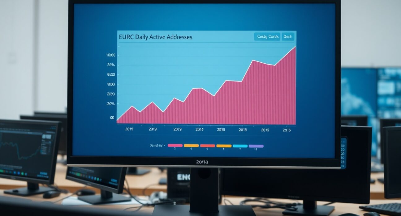 Dashboard showing rising EURC daily active addresses chart in a newsroom setting