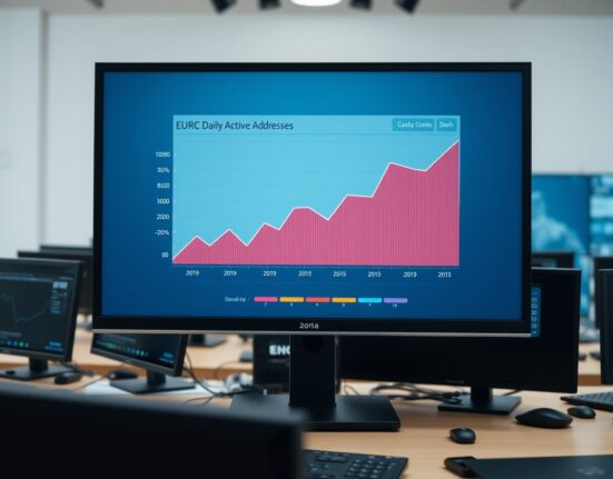 Dashboard showing rising EURC daily active addresses chart in a newsroom setting