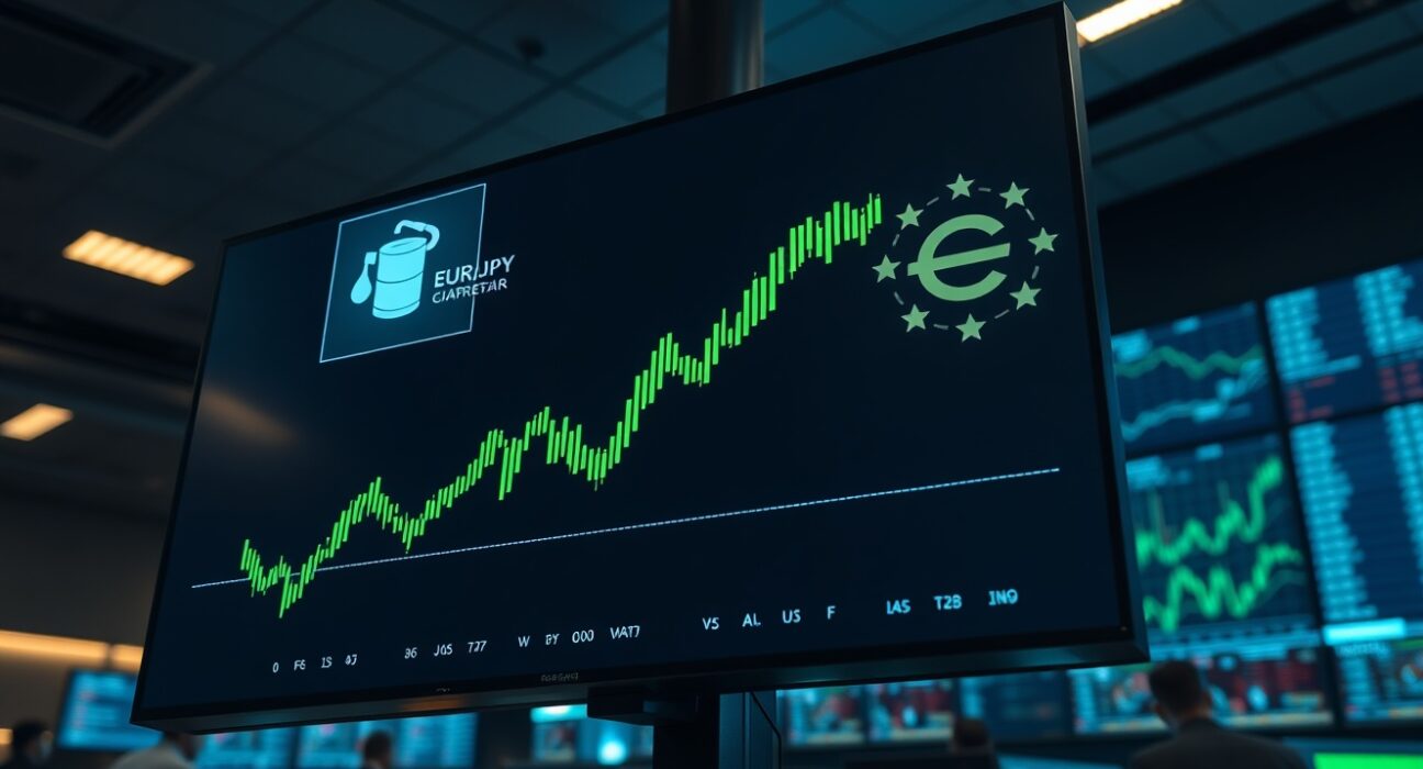 EUR/JPY chart showing upward movement influenced by ECB caution and Oil-linked Yen dynamics on a trading floor screen