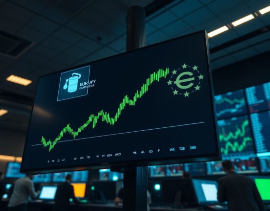 EUR/JPY chart showing upward movement influenced by ECB caution and Oil-linked Yen dynamics on a trading floor screen