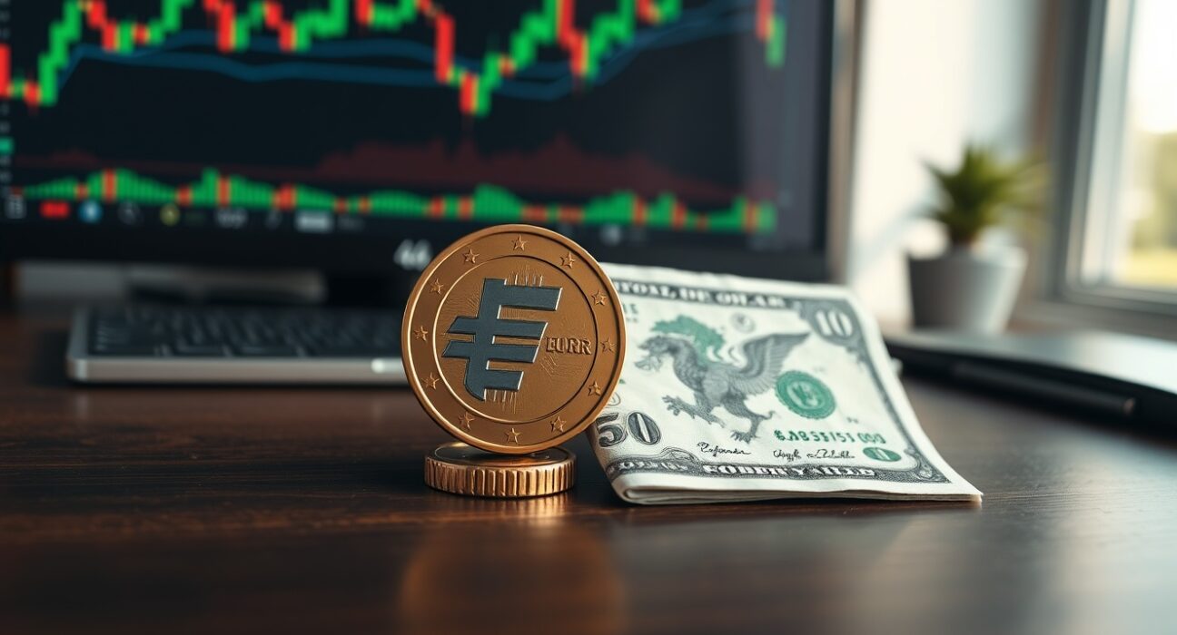 Euro coin and US dollar bill on a desk representing the EUR/USD currency pair in forex trading.
