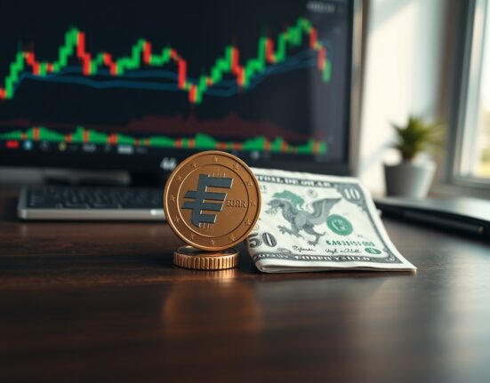 Euro coin and US dollar bill on a desk representing the EUR/USD currency pair in forex trading.
