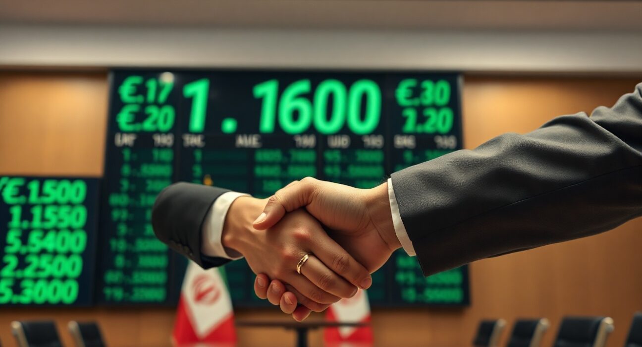 EUR/USD exchange rate at 1.1600 with US and Iranian diplomats shaking hands in background