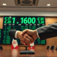 EUR/USD exchange rate at 1.1600 with US and Iranian diplomats shaking hands in background