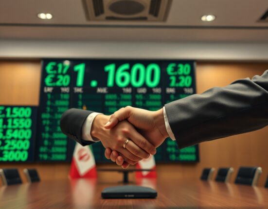 EUR/USD exchange rate at 1.1600 with US and Iranian diplomats shaking hands in background