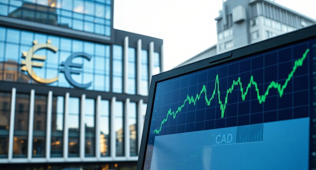 Euro currency symbol and EUR/CAD chart with European Central Bank building in background