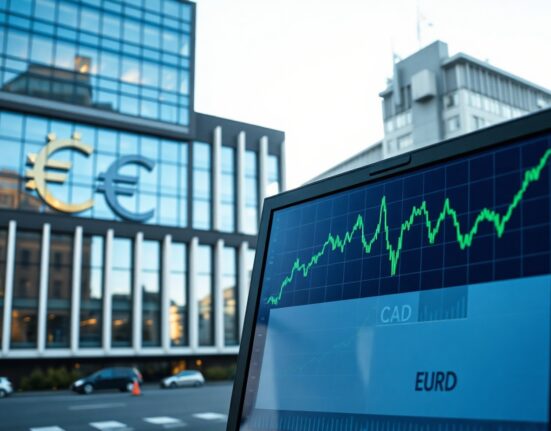 Euro currency symbol and EUR/CAD chart with European Central Bank building in background