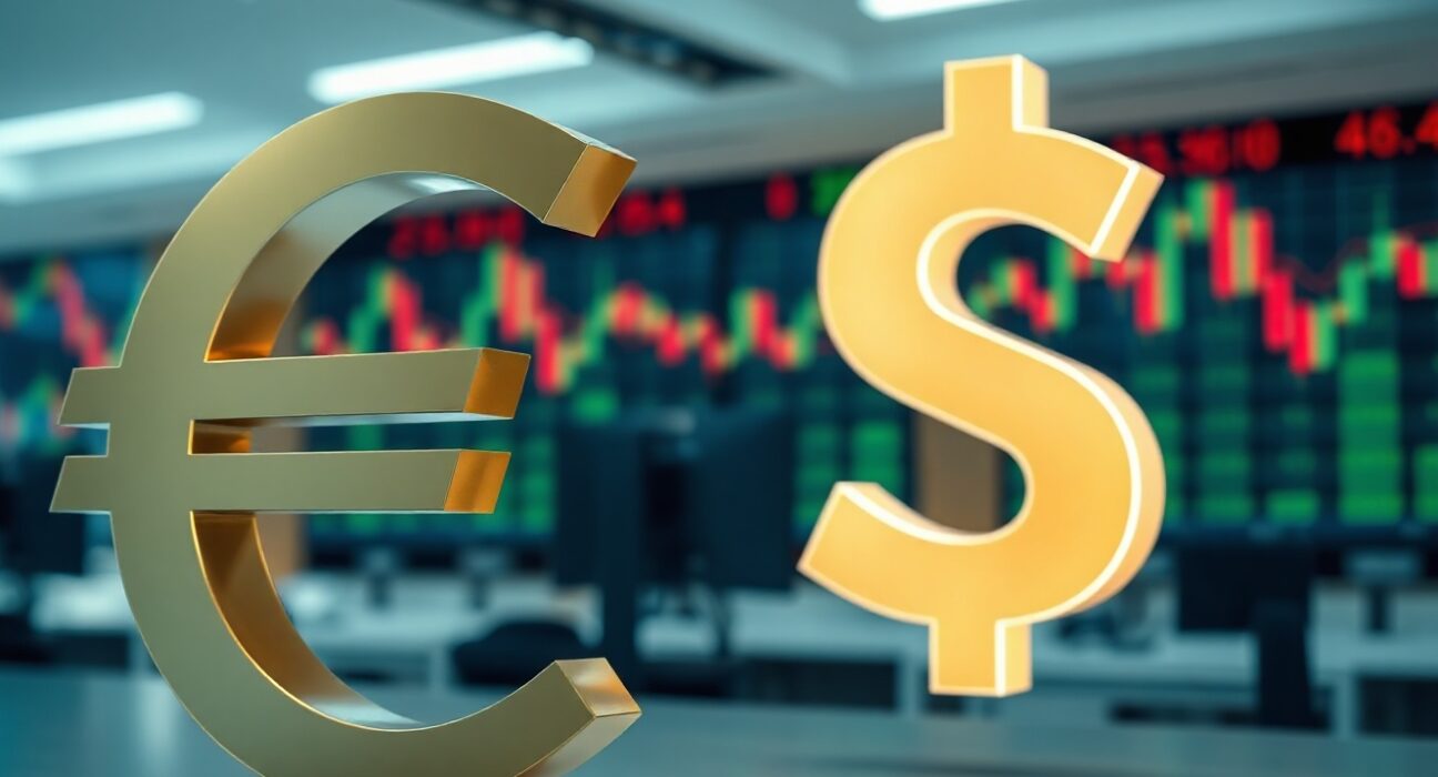 Euro symbol strong against Canadian dollar symbol on a trading floor background, illustrating currency market movement.