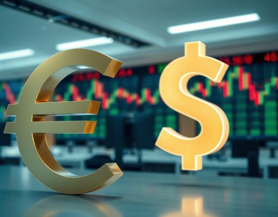 Euro symbol strong against Canadian dollar symbol on a trading floor background, illustrating currency market movement.