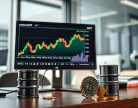 EUR/CAD chart on monitor with oil barrel and Canadian dollar coin