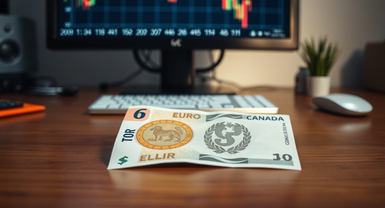 Euro and Canadian Dollar banknotes on a desk with a financial chart in the background.