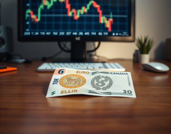 Euro and Canadian Dollar banknotes on a desk with a financial chart in the background.
