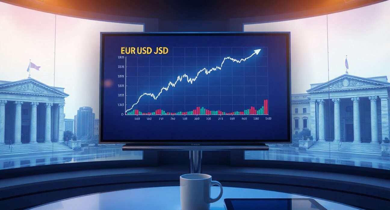 Euro currency chart showing upward trend against ECB and Fed backdrop in financial news studio