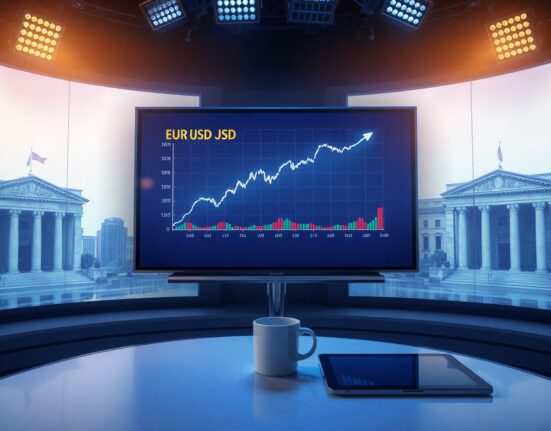 Euro currency chart showing upward trend against ECB and Fed backdrop in financial news studio