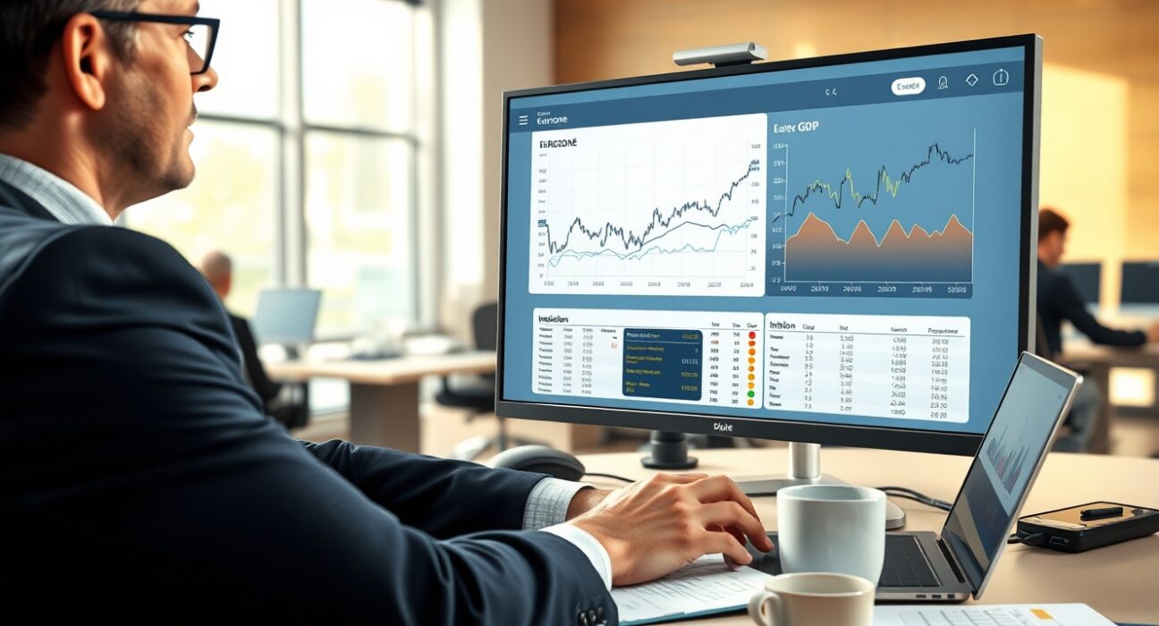 Financial analyst examining Eurozone economic data charts showing stabilization trends in European economy