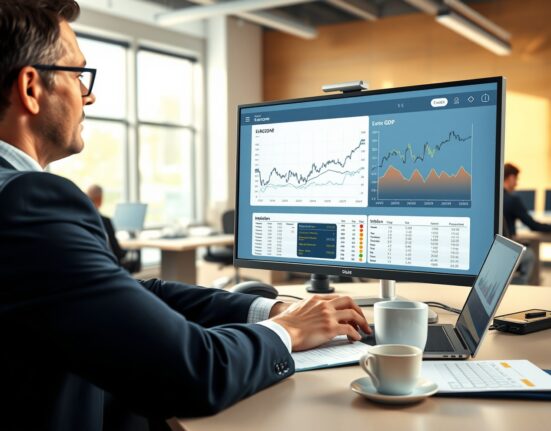 Financial analyst examining Eurozone economic data charts showing stabilization trends in European economy