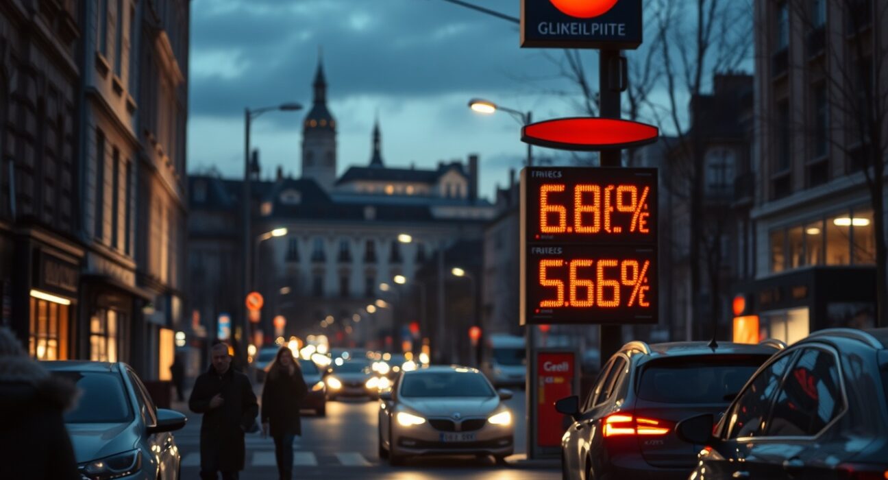 Fuel price display showing elevated euro prices on a European city street at dusk