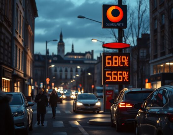 Fuel price display showing elevated euro prices on a European city street at dusk