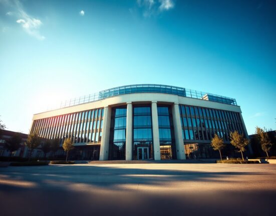 European Central Bank headquarters in Frankfurt on a sunny day, representing euro area economic analysis.