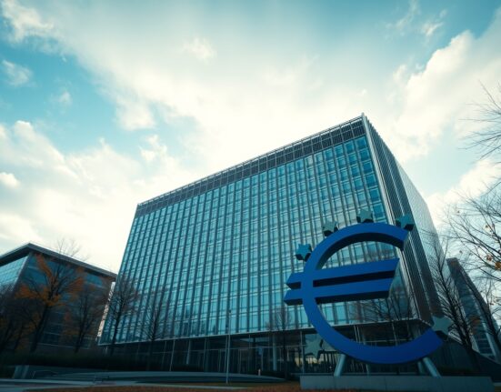 European Central Bank headquarters in Frankfurt under a partly cloudy sky