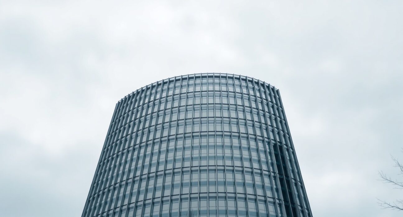 European Central Bank headquarters in Frankfurt under overcast sky, representing eurozone economic conditions.