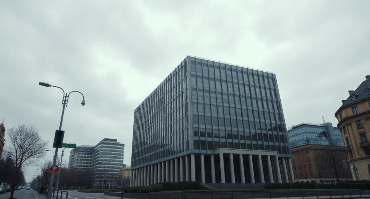 European Central Bank headquarters in Frankfurt on a cloudy day, symbolizing monetary policy uncertainty.