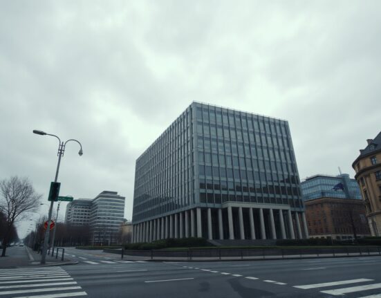 European Central Bank headquarters in Frankfurt on a cloudy day, symbolizing monetary policy uncertainty.