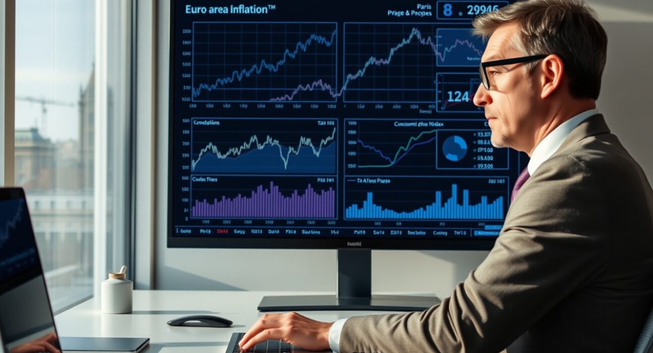 Economist analyzing euro area inflation charts on a digital screen in a modern office