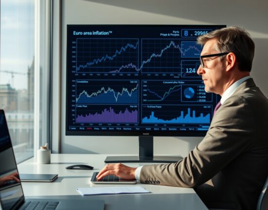 Economist analyzing euro area inflation charts on a digital screen in a modern office