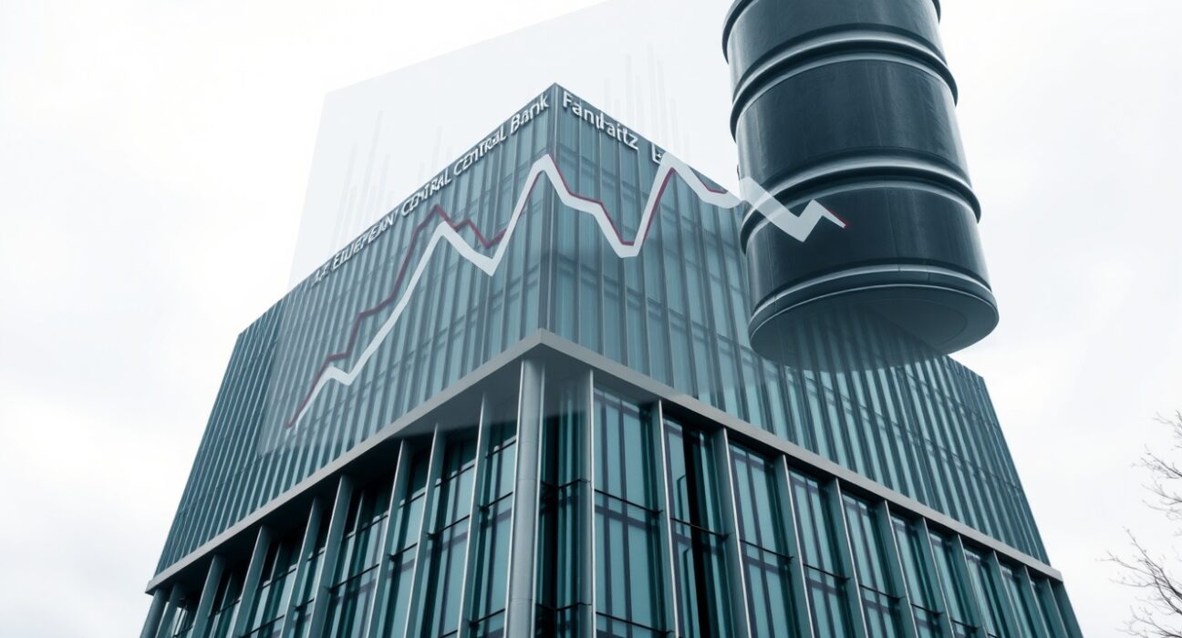 European Central Bank headquarters in Frankfurt with overlay of falling oil prices and barrel, representing inflation relief.