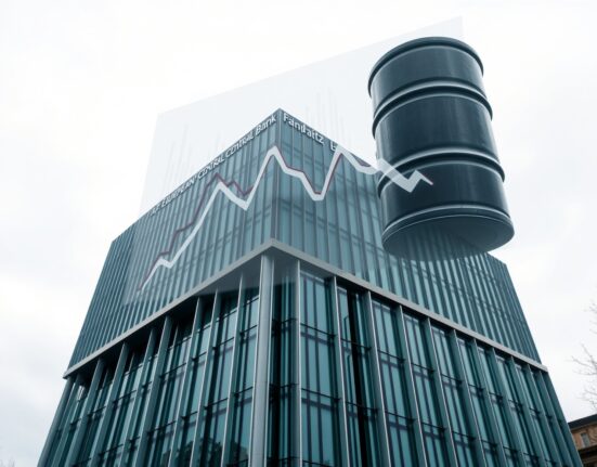 European Central Bank headquarters in Frankfurt with overlay of falling oil prices and barrel, representing inflation relief.