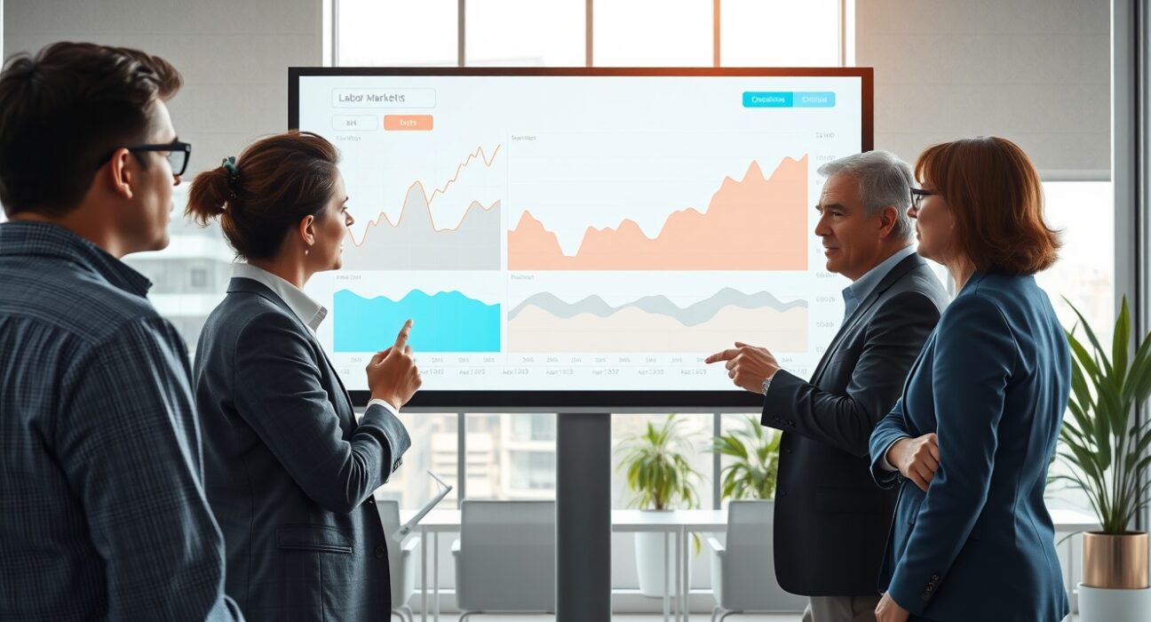 Euro area labor market analysis with professionals reviewing economic data charts in office setting