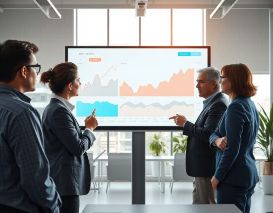 Euro area labor market analysis with professionals reviewing economic data charts in office setting