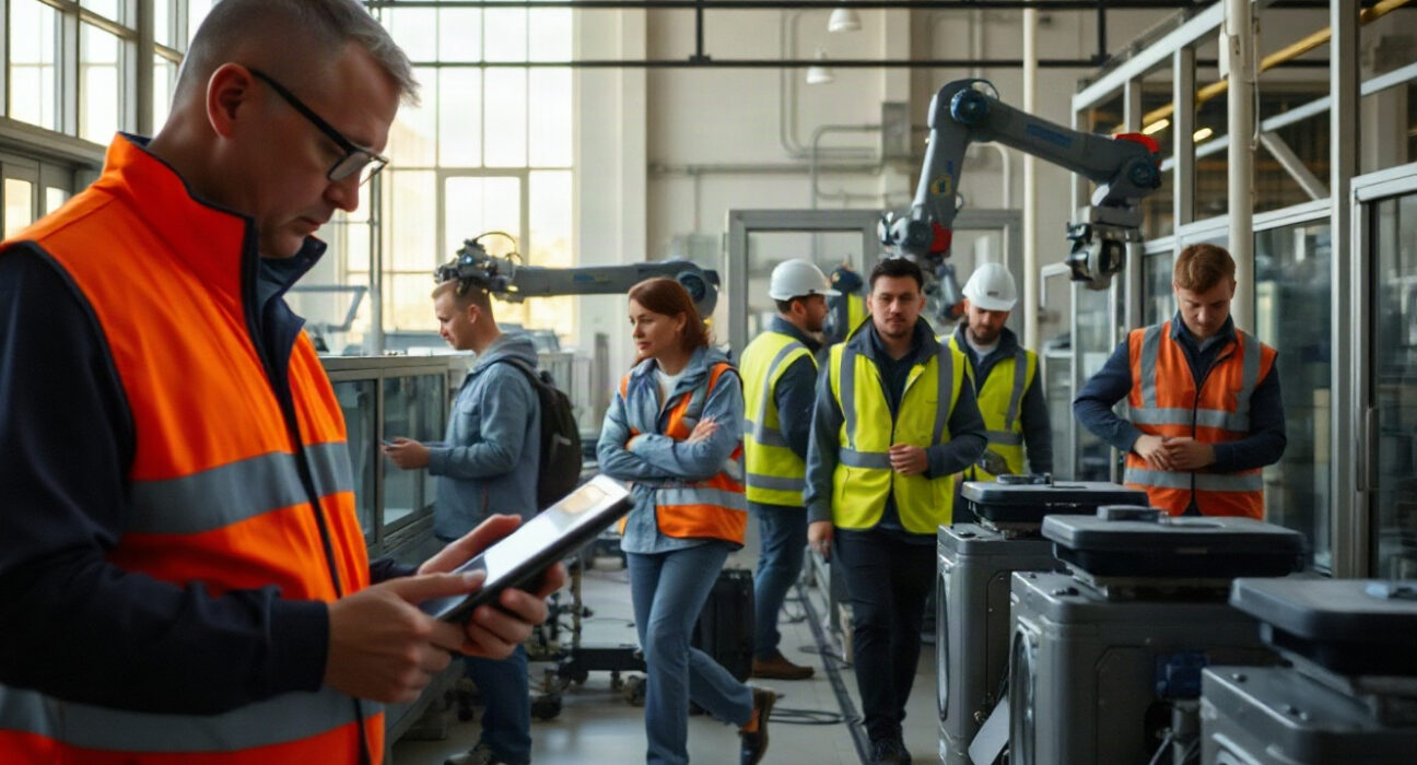 Workers on a modern European factory floor with automated machinery in operation