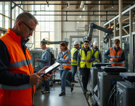 Workers on a modern European factory floor with automated machinery in operation