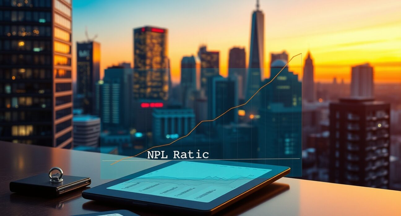 Analyst's graph forecasting rising Euro area NPL ratios against a backdrop of a city at dusk, symbolizing the 2026 energy shock warning.