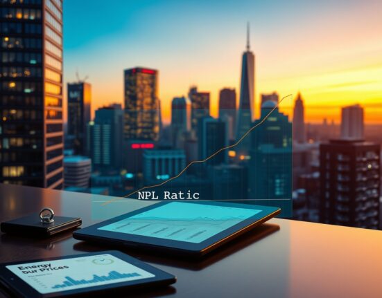 Analyst's graph forecasting rising Euro area NPL ratios against a backdrop of a city at dusk, symbolizing the 2026 energy shock warning.